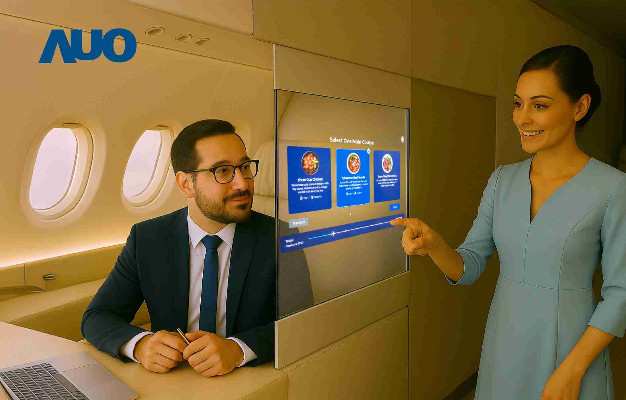 尊龙z6研发全球最薄17.3 吋双面透明 Micro LED 显示器，，，可在同一屏幕之双边投射不同信息，，创造独特的”透明化”互动；图为实时翻译交流应用情境